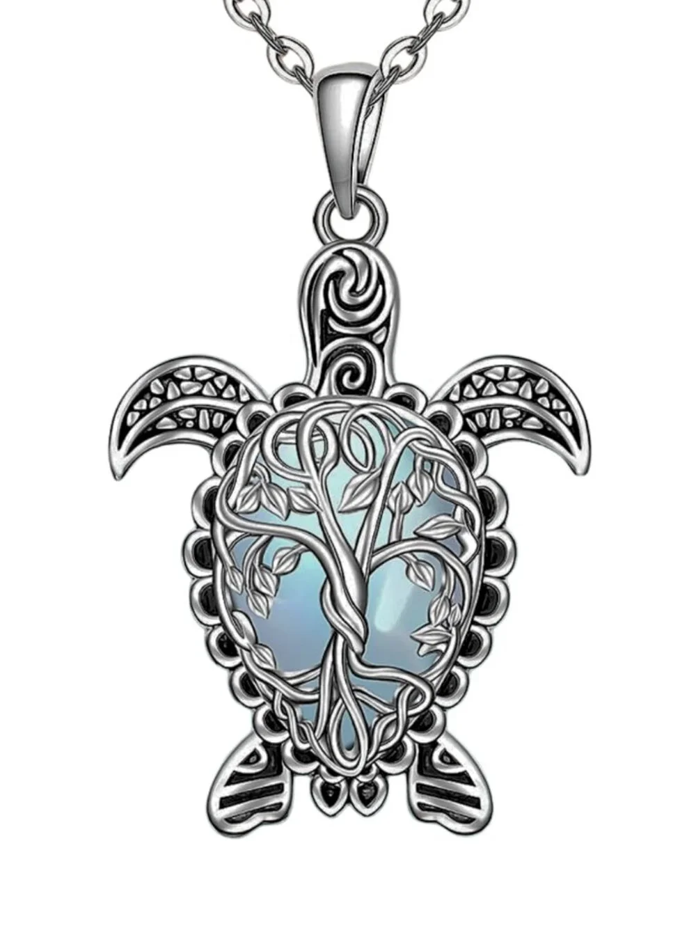 Silver Zinc Alloy Faux Moonstone Tree of Life Sea Turtle Pendant Necklace NWT